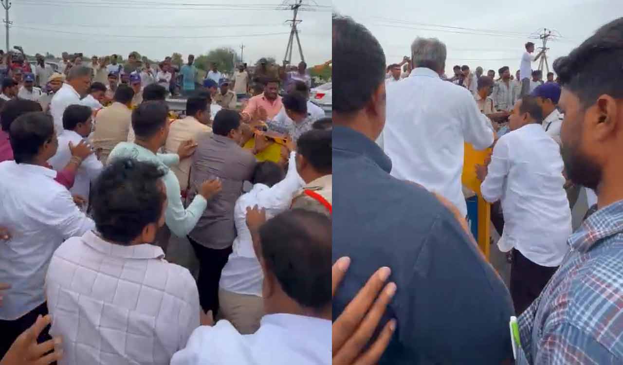 BRS workers push through police barricades as KTR heads to Kannepalli