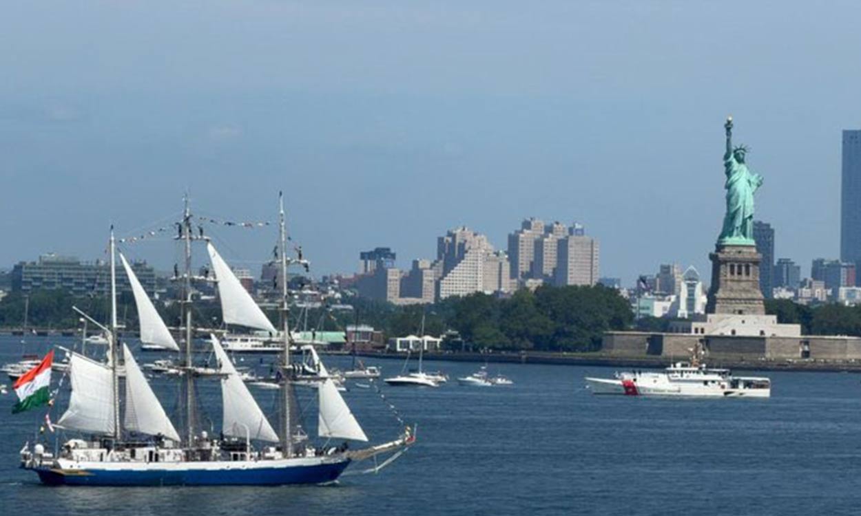 Spectacular sight in NYC’: US Embassy on INS Sudarshini sailing past Statue of Liberty during America’s 250th anniv celebrations