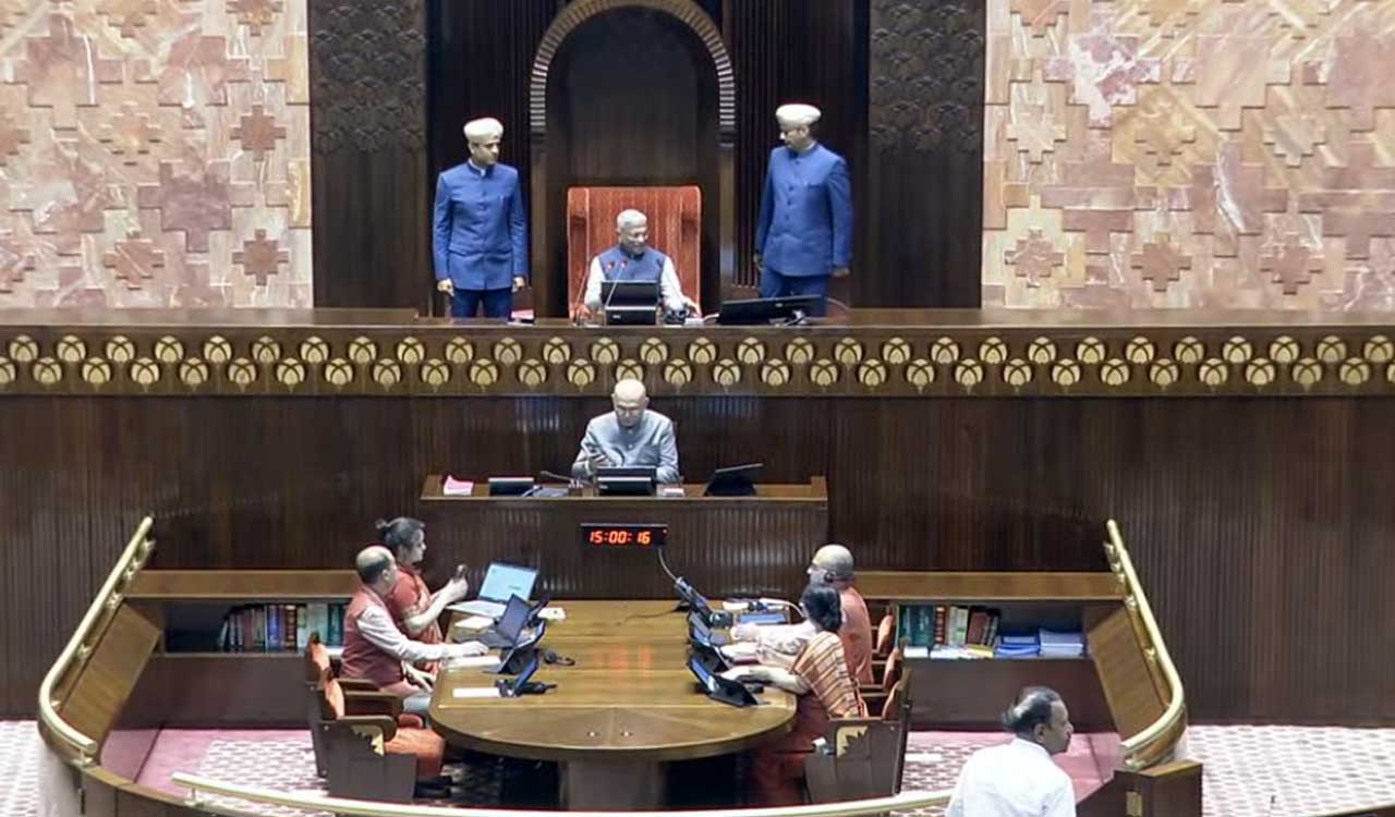 Rajya Sabha adjourned again till 5.15 amid Opposition protests over paper leak issue and National Honour Bill