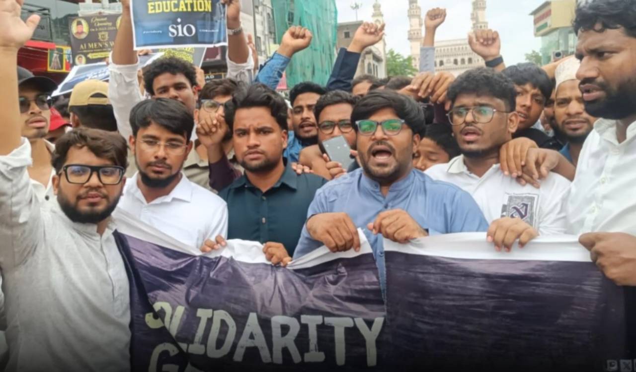 SIO Telangana holds protest at Charminar, demands resignation of Dharmendra Pradhan