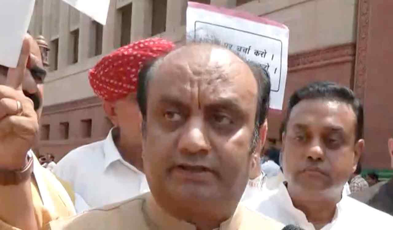 NDA protests at Parliament’s Makar Dwar, accuses Congress of ‘wasting’ valuable time of House