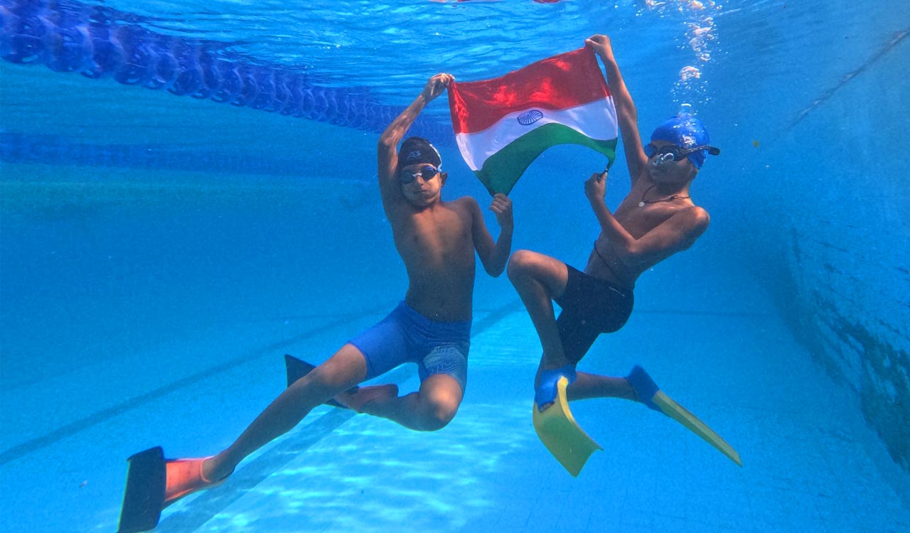 Telangana swimmers display Tricolour in pool to mark 80th Independence Day