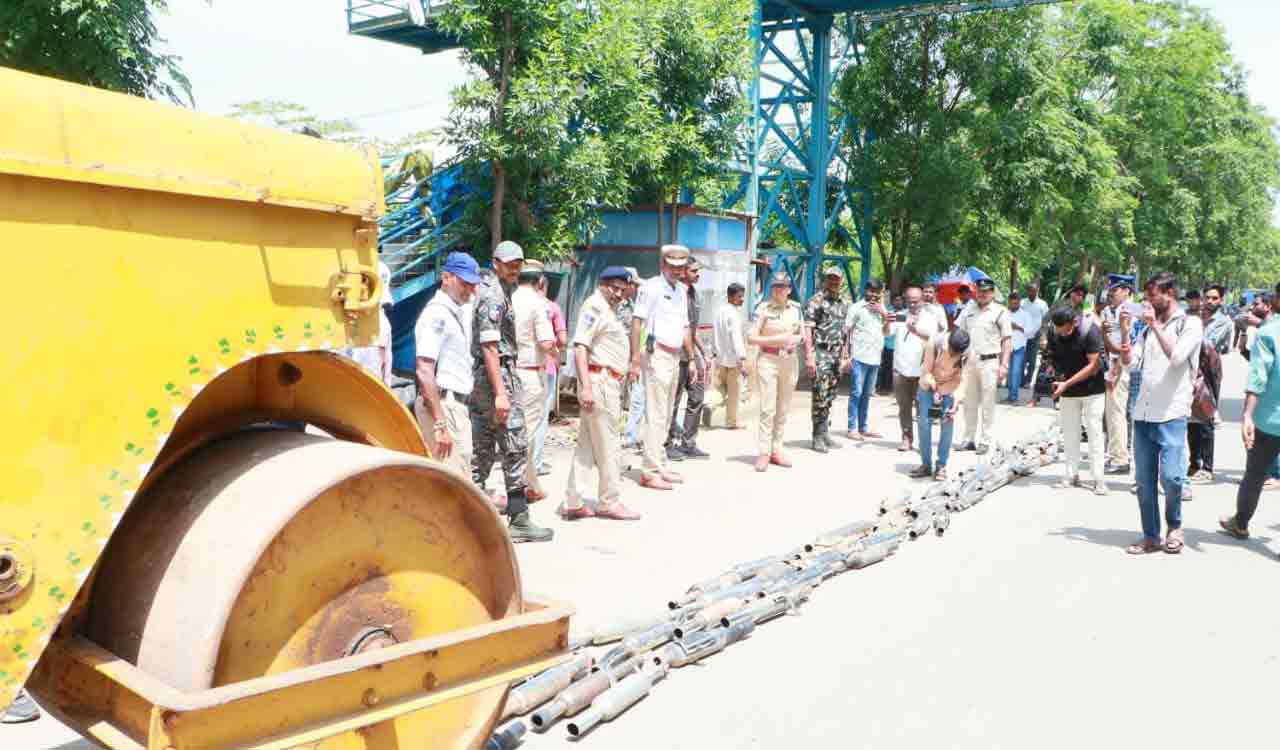 Siddipet police crush 240 modified silencers in special drive