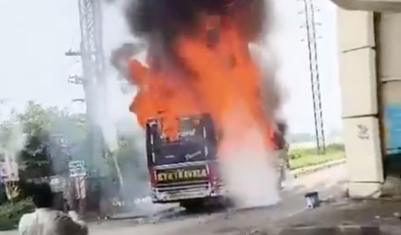 Watch: Bus from Telangana’s Kothagudem catches fire in Srikakulam, seven escape unhurt