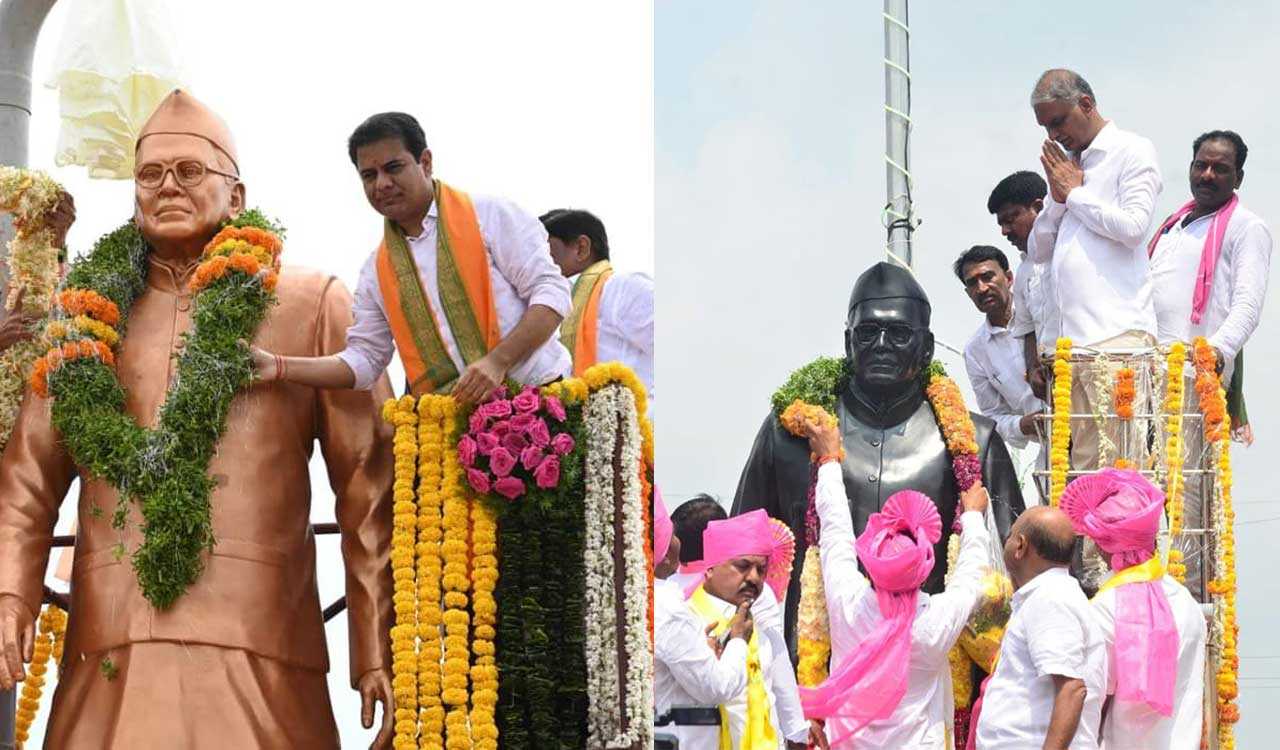 KTR, Harish Rao pay tributes to Konda Laxman Bapuji on death anniversary