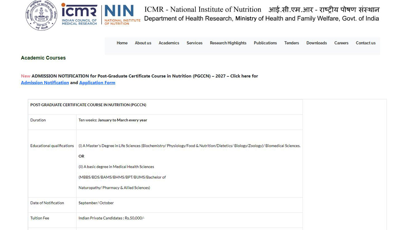 ICMR-NIN invites applications for 62nd nutrition certificate course